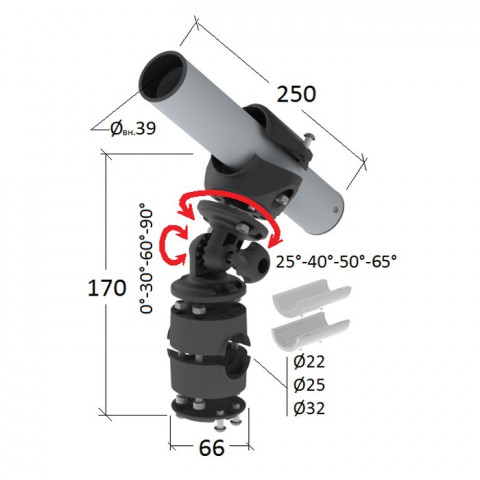 Держатель спиннинга на леер наклонный "Poseidon" (алюминий)